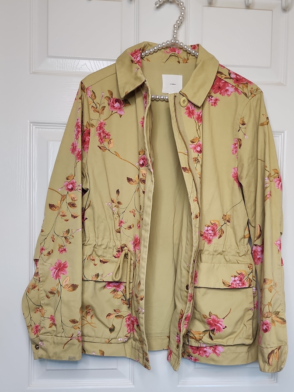 A Loves A Womens Light Olive Green Pink Floral Print Utility Jacket - Picture 8 of 14
